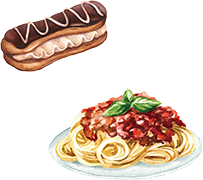 パンとミートソースパスタのイラスト