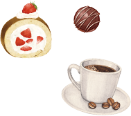 チョコレートとロールケーキとコーヒーのイラスト